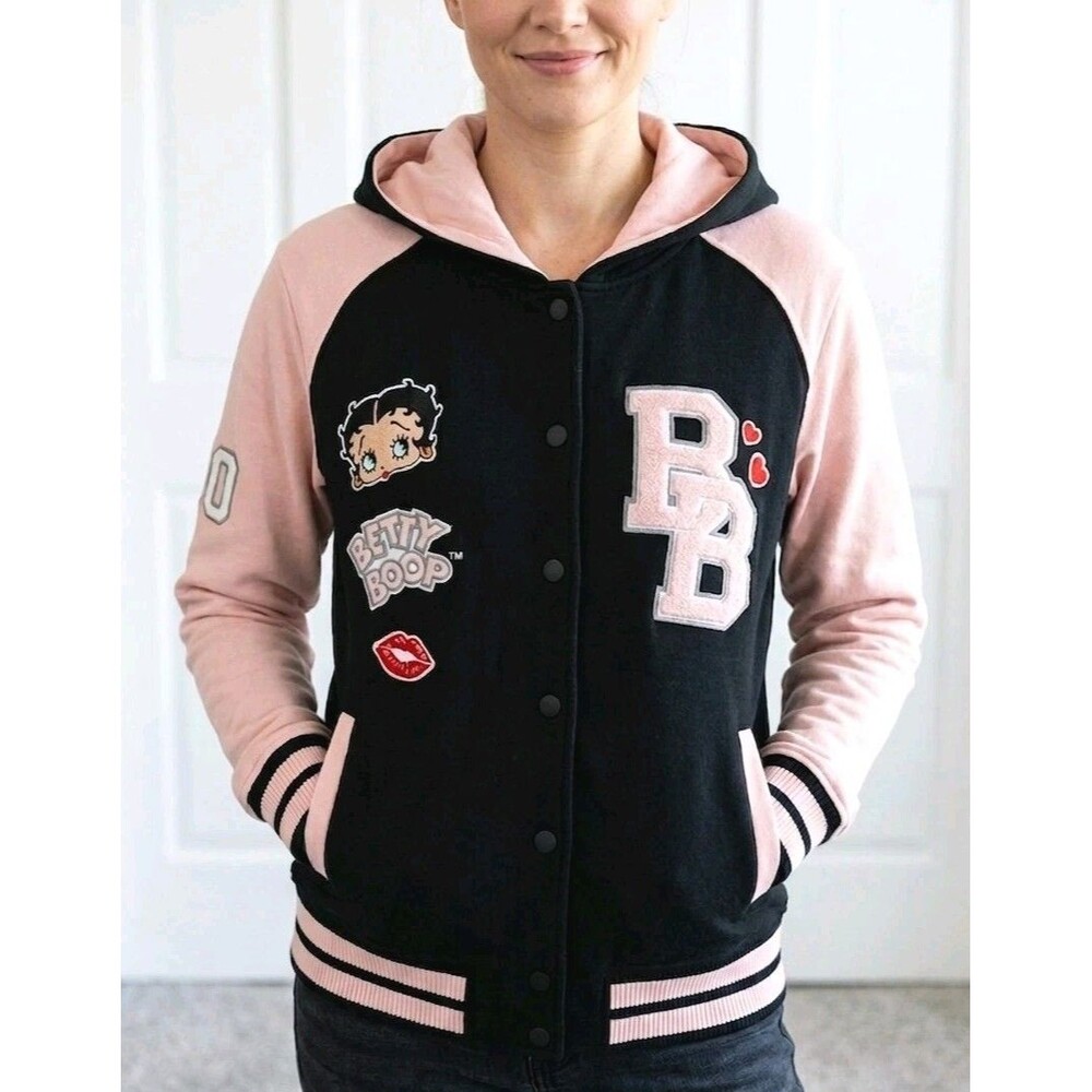 ​Universal Studios Betty Boop Varsity Jacket Large Pink Black Hoodie Letterman